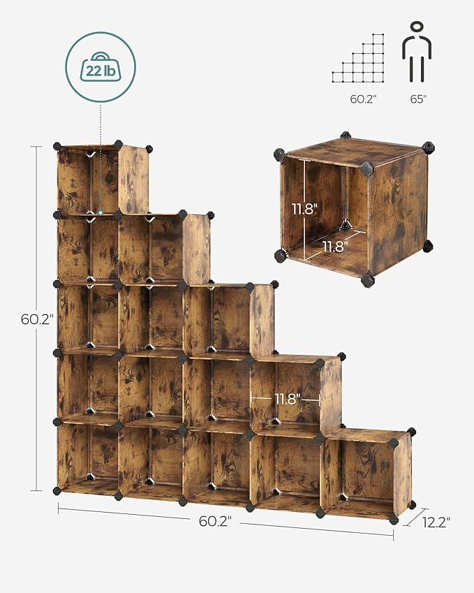 SONGMICS Cube Storage Organizer, Set of 16 Plastic Cubes, Closet Organizers and Storage, Room Organization, Bedroom Living Room, 12.2 x 48.4 x 48.4 Inches, Rustic Brown ULPC442A01