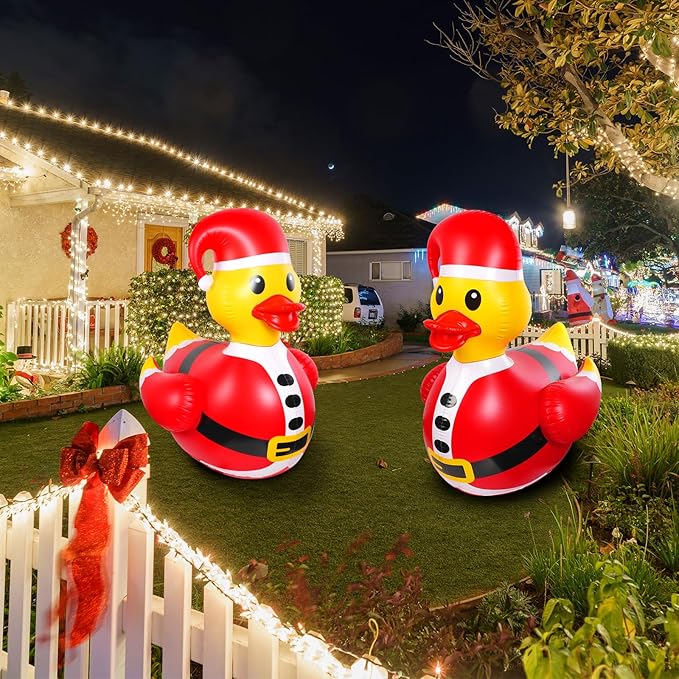 2 Pcs 4.6 Feet Christmas Giant Inflatable Snowman Duck Outdoor Decorations,Huge Blow Up Yard Yellow Duck with Red Snowman Cloth Pool Float for Indoor Christmas Holiday Party Garden Patio Lawn Decor