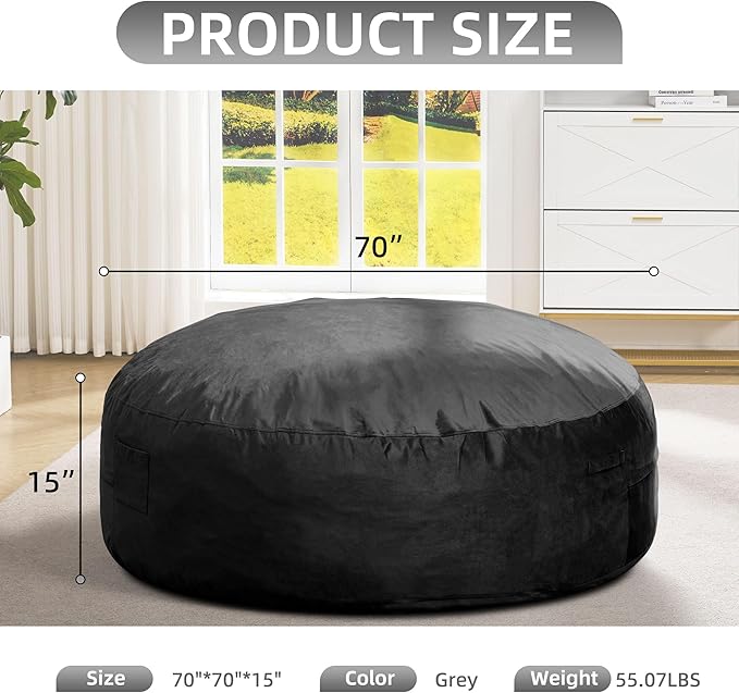 Hobestluk 6FT Bean Bag Chair Bean Bag Chairs for Adults Giant Bean Chairs with Velvet Cover, Memory Foam BeanBag Chair Fluffy BeanBag Chairs for Living Room, Bedroom- Black (70" x 70" x 15")