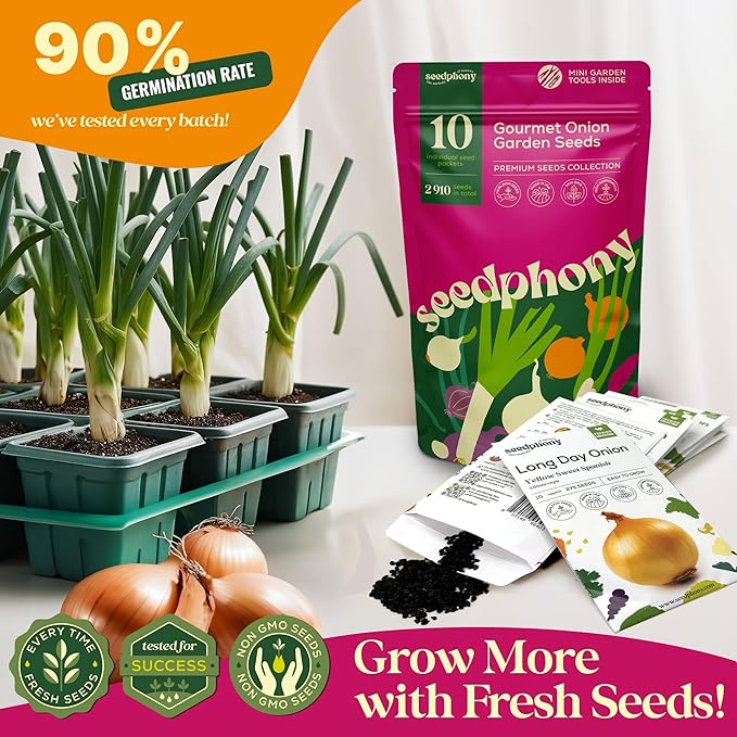 10 Gourmet Onion Seeds for Planting Variety Pack - 2,900+ Non-GMO Heirloom Vegetable Seeds for Growing Indoor & Outdoor: Red Burgundy, Leek, Walla Walla, Grano White & Yellow Sweet Spanish