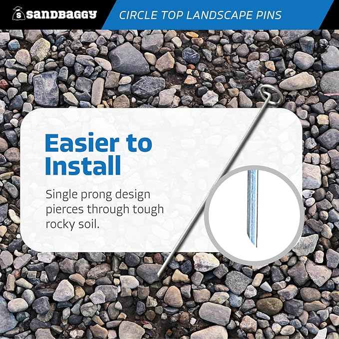 Sandbaggy 12-inch Circle Top Pins - Landscape Staples (Galvanized) - Garden Stakes for Landscaping, SOD - Heavy Duty Ground Stakes, Lawn Turf Spikes, Christmas Decorations, Weed Mats (100 Pins)