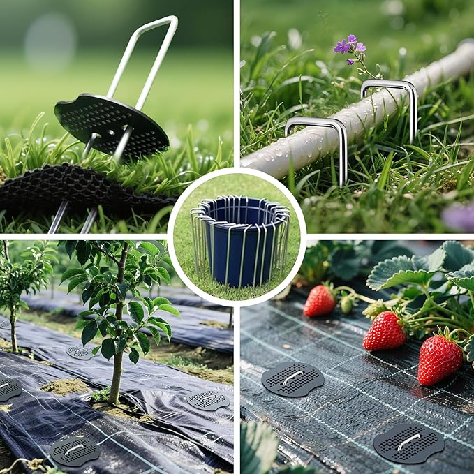 150Pcs Landscape Fabric Pins+150Pcs Gasket+Pick Hook+Rubber Mallet, 6 Inch Landscape Fabric Staples 11 Gauge U Shaped Galvanized Landscape Pins Yard Ground Pin for Weed Barrier Sod Fabric Decoration