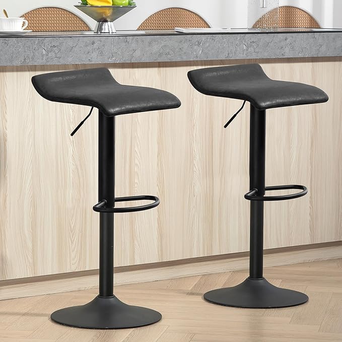 Finnhomy Bar Stools Set of 2 Counter Height, Swivel Barstools with Footrest and Backless, Height Adjustable Rustic Bar stools for Kitchen, Vintage Leather, Retro Black