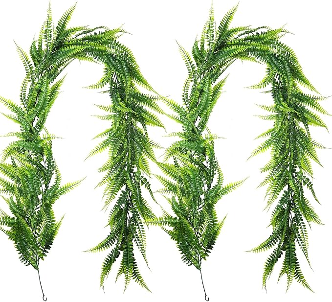 RECUTMS 2pcs Artificial Hanging Boston Ferns Garland Fake Hanging Plant 6 FT Greenery Leaves Ivy Garland Faux Ferns Fake Vines for Outdoor Indoor Home Garden Decoration Party Table Wall Decoration