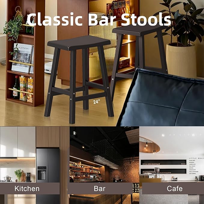 29" H Bar Stools Set of 2 - Classic Saddle Seat with Footrest, Resin Kitchen Counter Stool, Anti-Slip & Waterproof - Tall Barstools for Bar, Kitchen, Dining Room, Lounge - Black