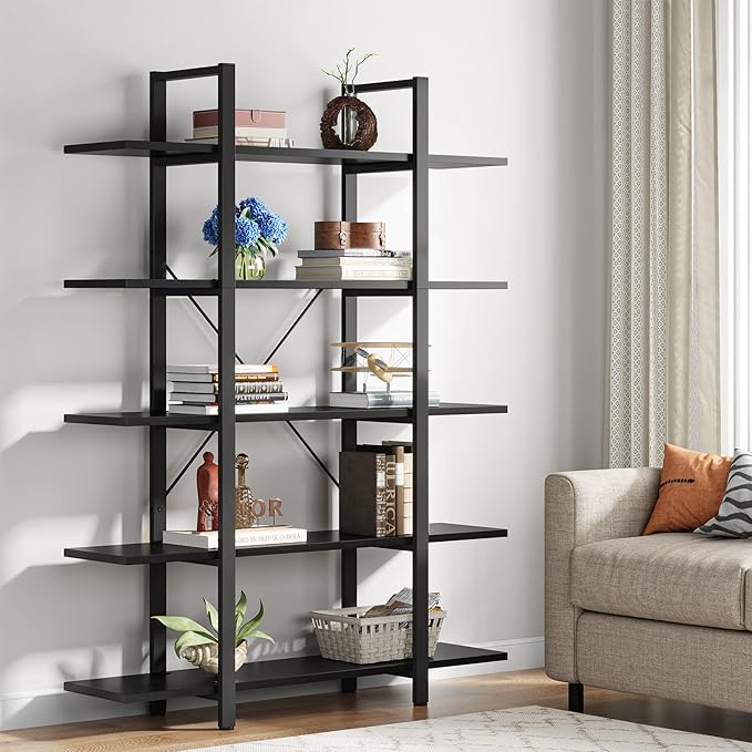 Tribesigns 5-Tier Bookshelf, Vintage Industrial Style Bookcase 72 H x 12 W x 47L Inches, Black