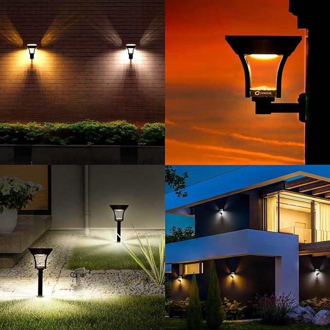 CINOTON 2-in-1 Solar Pathway Lights Outdoor with 4 Lighting Modes, IP65 Waterproof LED Solar Powered Wall Lights for Garden Yard Patio Lawn Porch Walkway Backyard Driveway, Warm & Cold White 4 Pack