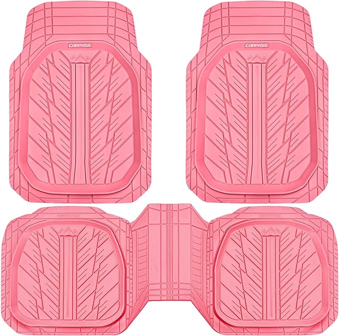 CAR PASS DeepDish Pink Floor Mats for Cars Full Set,Heavy Duty Rubber Car Mats 3-Piece,Universal Waterproof Trim-to Fit Automotive Floor Mats for Truck Van SUV, Durable All-Weather Car Mats (Pink)