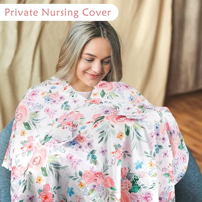 Baby Car Seat Cover, Peekaboo Opening Spring Car Seat Canopy for Baby Girls Boys, Mom Nursing Breastfeeding Covers, Blanket for Infant, Pink Watercolor Flower