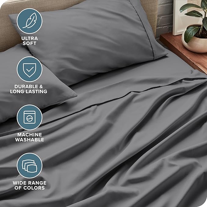 Bare Home Queen Sheet Set - Luxury 1800 Ultra-Soft Microfiber Bed Sheets - Double Brushed - Deep Pockets - Easy Fit - 4 Piece Set - Bedding Sheets & Pillowcases (Queen, Grey)