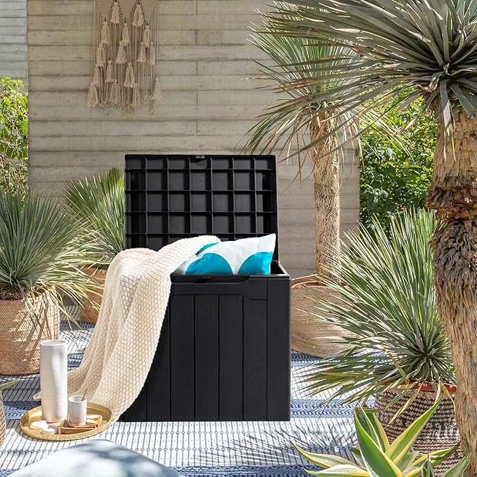 JUMMICO 31 Gallon Resin Deck Box Waterproof Indoor Outdoor Storage Boxes for Patio Furniture Cushions and Garden Tools (Black)