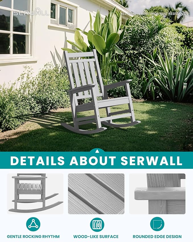 SERWALL Oversized Outdoor Rocking Chair Set of 2, HDPE Rocker for Adults, Patio Rocking Chairs for Porch, Sliver Gray