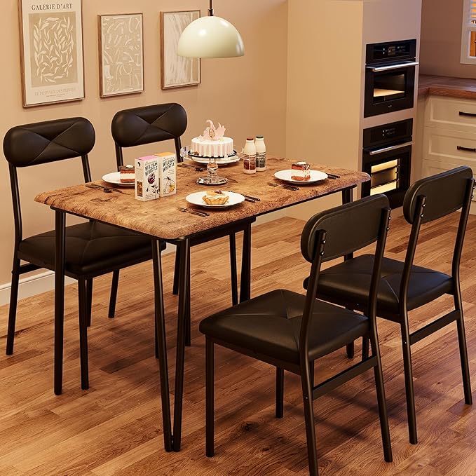 IDEALHOUSE Dining Table Set for 4, Kitchen Table with Upholstered Chairs for Kitchen Room and Small Spaces (Retro, Table with 4 Upholstered Chairs)