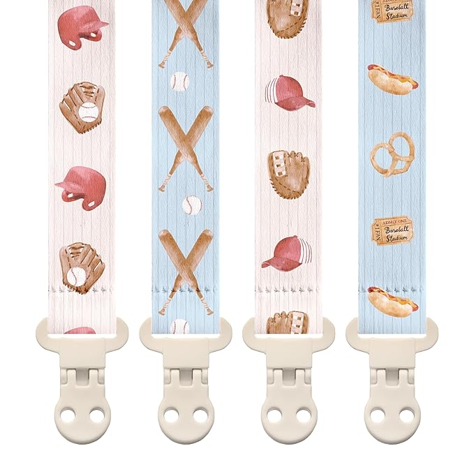 Stadela Baby Fabric Pacifier Clip Holder, Plastic Clip, 4‑Pack, Sport Pattern, Baseball Set