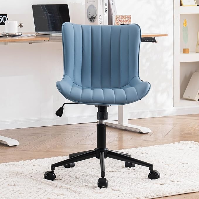 YOUNIKE Blue Home Office Desk Chair with Wheels Compact Comfy Armless Vanity Chair with Back Modern Small Leather Upholstered Rolling Task Chair Cute Computer Drafting Sewing Chair Swivel Adjustable