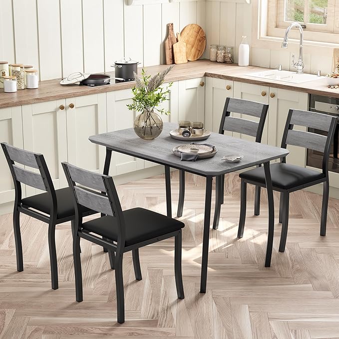 GAOMON 5 Piece Dining Table Set for 4, Space-Saving Kitchen Table with Upholstered Chairs, Modern Angled Corner Design, Compact Dinner Set for Small Spaces, Apartment, Dining Room, Grey