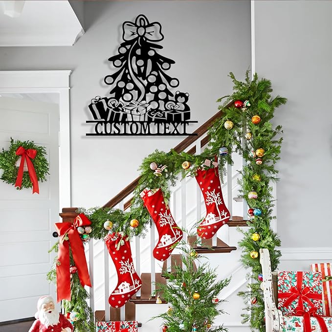 Personalized Christmas Tree Metal Sign, Custom Signs Outdoor Metal Wall Decor, Merry Christmas Tree Signs Wall Decoration for Home Living Room, Bedroom, Office, Garden, Porch