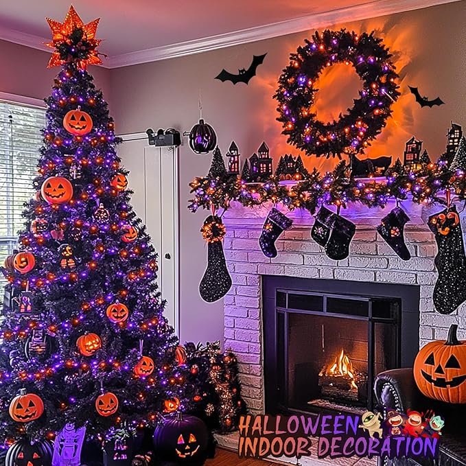 JMEXSUSS Halloween Lights Outdoor, 66FT Purple Orange Lights for Halloween Decorations, 200 LED Halloween String Lights Indoor for Bedroom Fireplace Mantel Party Patio Yard Door Halloween Tree