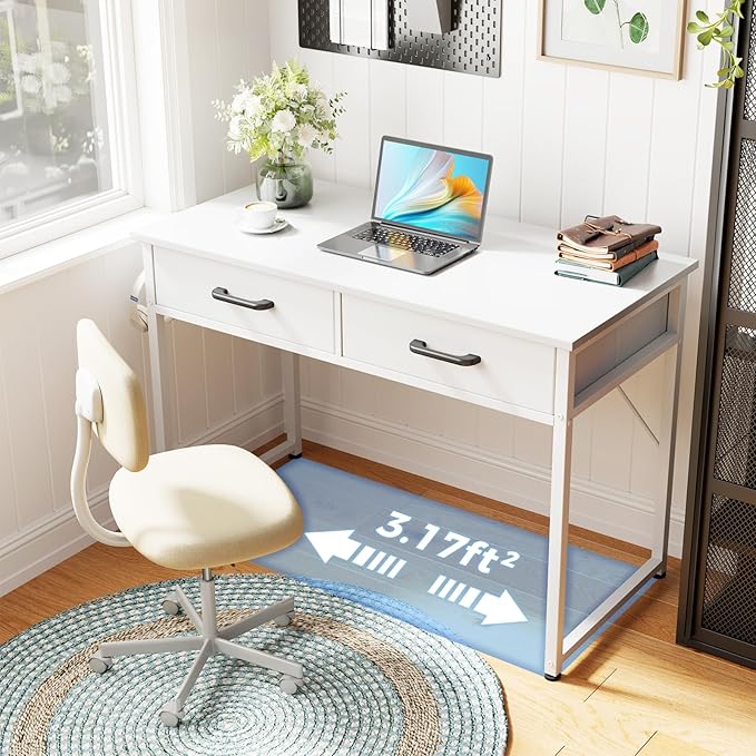 Casaottima 40 Inch Small Office Computer Desk with 2 Drawers & Headphone Hook - Compact Writing Desk for Home Office, Study or Work, Modern Space-Saving Design for Small Spaces, White