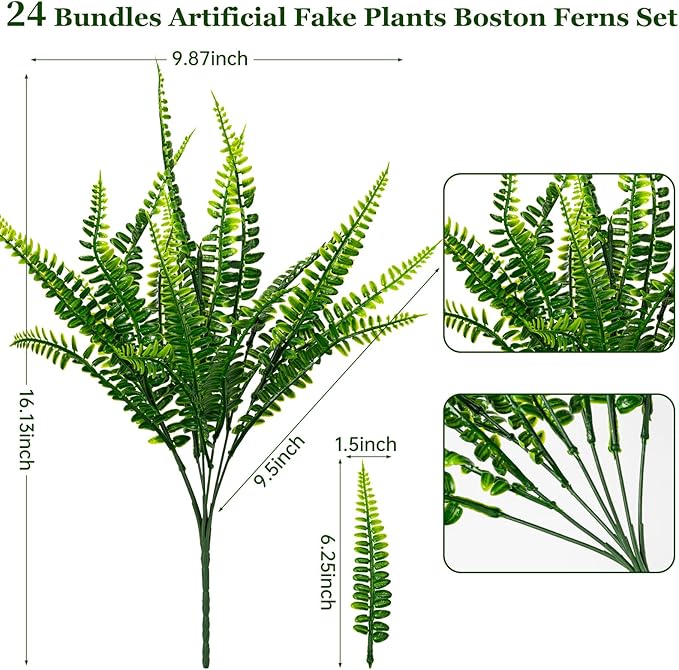 24 Bundles Artificial Fake Plants for Outdoor Faux Boston Fern for Home Decor UV Resistant Fake Plants Greenery for Front Porch Planter Indoor or Outdoor (Green)
