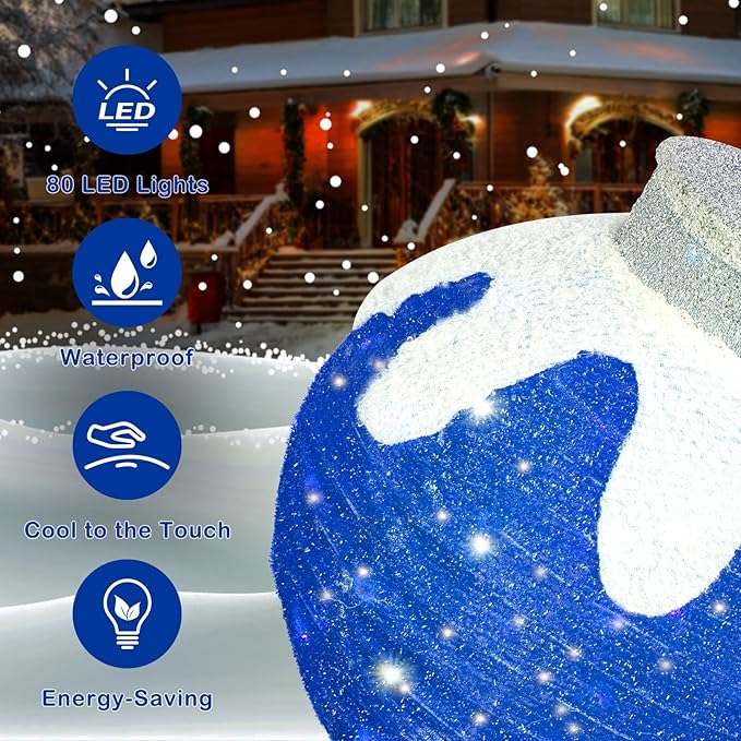 BRIGHTDECK Outdoor Christmas Ornaments, Lighted Pop-Up Outdoor Holiday Ball Decoration with 80 LED Lights, 8 Light Modes, Lighted Collapsible Holiday Decorations for Yard, Home (Blue)
