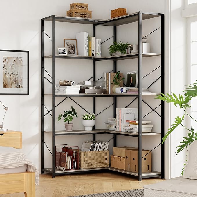 Shintenchi 5 Tier Corner Bookshelf,L Shaped Bookcase,Large Etagere Bookcase,Corner Shelf Display Storage Rack with Metal Frame for Living Room Bedroom Office,Grey