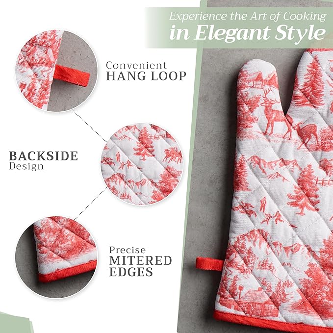 Maison d' Hermine 100% Cotton Oven Mitt & Pot Holder Set (7.5"x13" & 8"x8") Heat Resistant BBQ Cooking Gloves with Loop for Thanksgiving Christmas Decorations Handling Hot Pans (Winter Jouy)