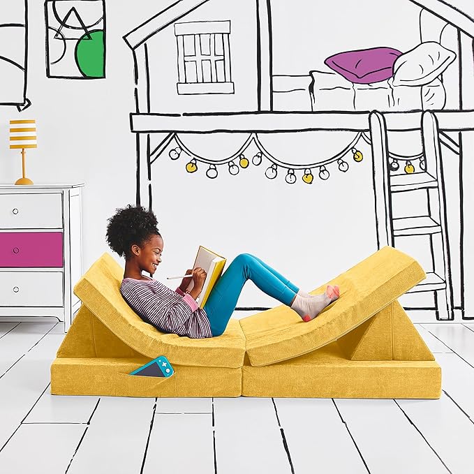 Yourigami Kids and Toddler Play Couch, Convertible Folding Sofa, Durable Foam Modular Design, Sunflower Yellow XL