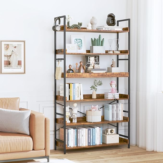 HCHQHS Bookshelf, Adjustable Industrial Bookcase, Vertical Tall Book Shelf, Wood and Black Metal Open Bookshelves for Home Office, Living Room, Bedroom (Rustic Brown, 6-Tier (31" W x 70" H))