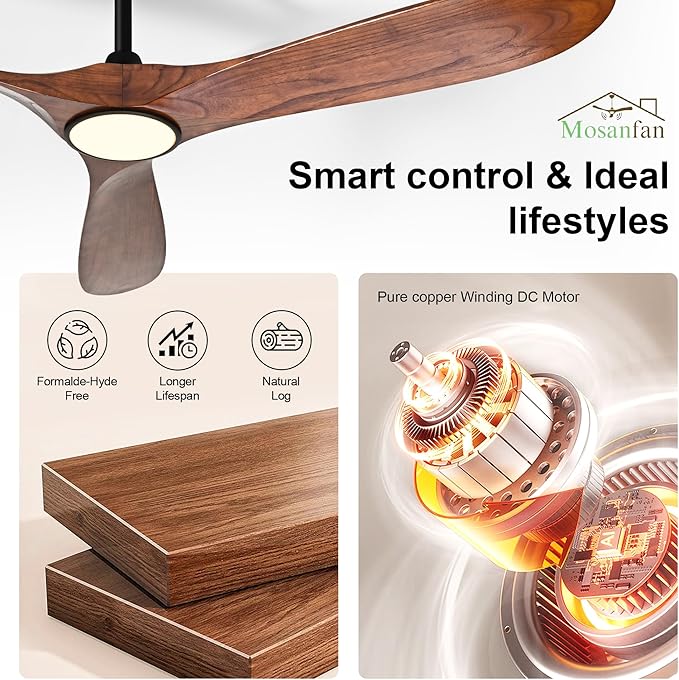 60 Inch Ceiling Fans with Lights and Remote, Wood Outdoor Ceiling Fan with 6 Speed Noiseless DC Motor, Indoor Modern 3 Blade Propeller Ceiling Fan for Bedroom Living Room Gazebo Patio(Walnut)