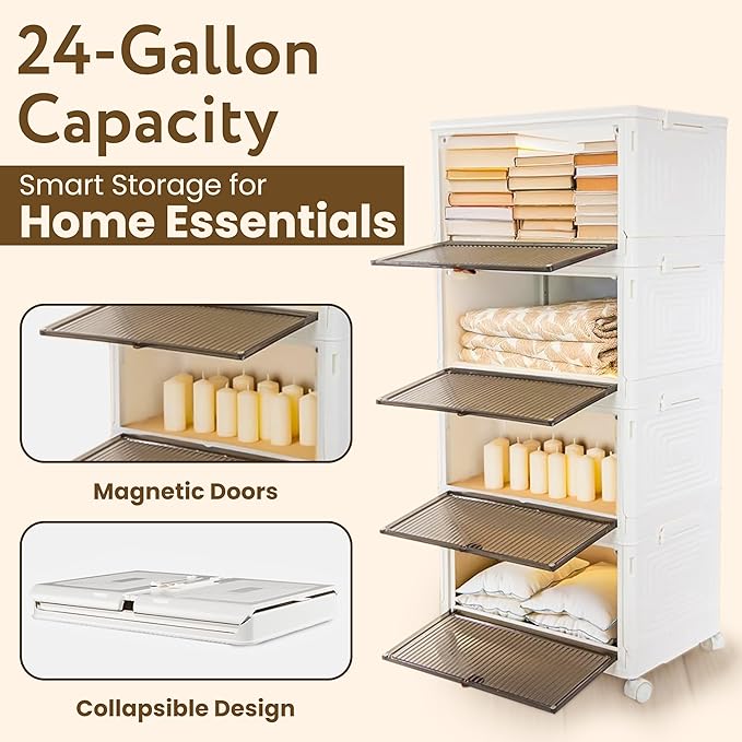 Quik Box Sport 4-Tier Stackable Storage Organizer - 24 Gallon Capacity Collapsible Bins with Magnetic Doors, Space-Saving Vertical Storage for Bedroom, Closet, Dorm Organization