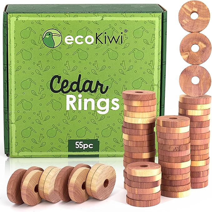 ecoKiwi Cedar Blocks for Clothes Storage - 55 Pack Cedar Rings - 100% Natural Aromatic Cedar for Closets & Drawers - Red Cedarwood Oil Scented Chips with Sandpaper - Cedar Planks Freshener Deodorizer