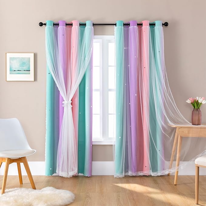 XiDi Girls Blackout Curtains 96 Inches Long for Bedroom, Room Darkening Grommet Window Ombre Curtains 2 Panel Sets, Kids Unicorn Princess Theme Decor Colorful Rainbow Design Pink/Purple/Green 34x96