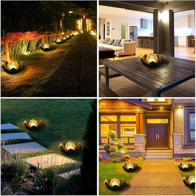 Huaxu Solar Lights Outdoor Garden, Crackle Globe Glass Lotus Decor, Waterproof LED Metal Flower Decorations for Patio,Lawn,Walkway,Tabletop,Ground