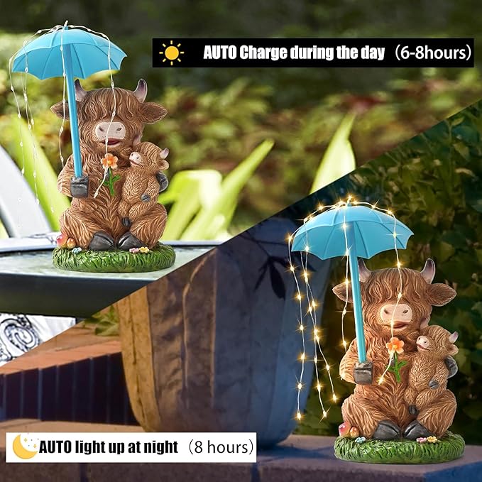 Solar Garden Statues Resin Loving Highland Cow Umbrella Lights Outdoor Decor Gifts for Yard, Patio Decorations