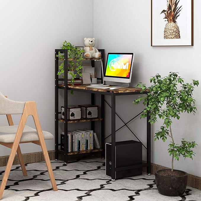 4NM 35" Small Computer Desk with 4-Tier Bookshelf, Home Office Desk Writing Workstation Study Table Multipurpose for Small Space Work - Rustic Brown and Black