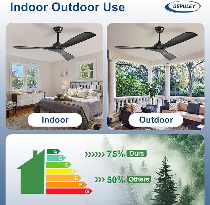 Depuley Ceiling Fan Without Light: 52 Inch 3 Blade Outdoor Fans for Patios - Black Ceiling Fan No Light Indoor Remote Control Ultra Quiet DC Motor Reversible 6 Speed Timer