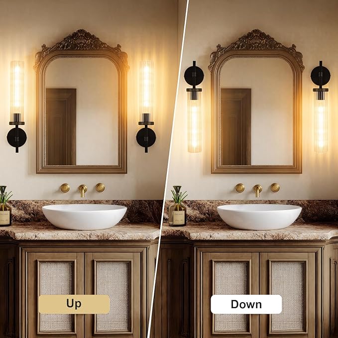 19.5" Knurled Brass Wall Sconces Set of 2, Black Gold Bathroom Vanity Light Fixtures with Vertical Striped Glass Tube, Modern Lamp Lighting for Bedroom, Living Room, Hallway, Staircase, Mirror