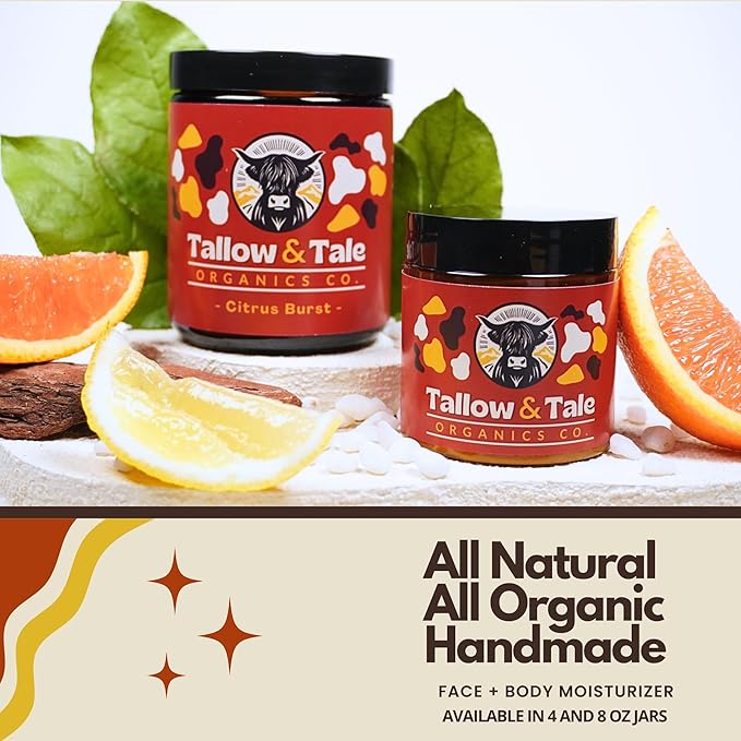 Tallow And Tale Grass-Fed & Finished Organic Tallow Cream | Face & Body Moisturizer | For Sensitive, Dry & Irritated Skin (4 OZ, Citrus Burst - Orange, Lemongrass, Rosemary & Frankincense)