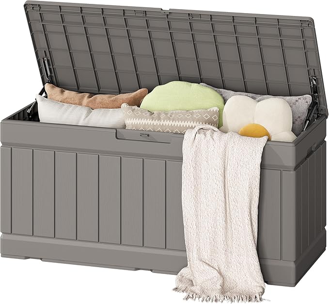 Flamaker Outdoor Storage Box 80 Gallon Resin Waterproof Deck Box Delivery Box with Wood Texture Large Storage Bin for Patio Cushions (Light Brown)