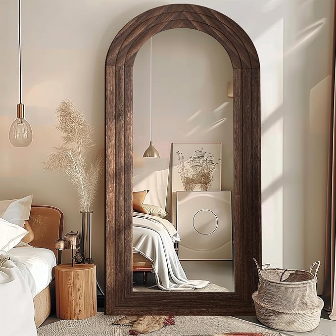 Arched Full Length Mirror with Solid Wood Frame, 71x32 Farmhouse Wall Mounted Floor Mirror with Stand, Vertical Hanging, Leaning Standing for Bedroom, Living Room, Brown