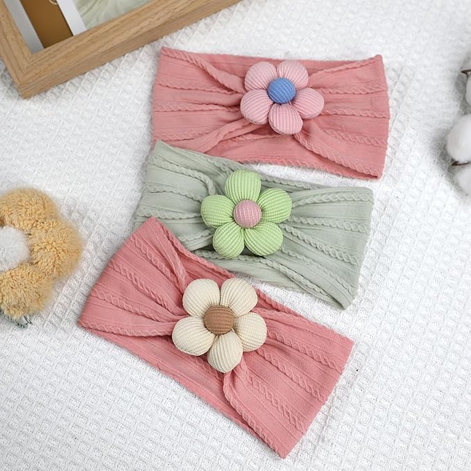 MIUXUESO 3 Pcs Baby Flower Headbands Baby Girls Nylon Headbands Soft Hairbands Hair Accessories for Newborn Infant Toddler Kids (Rose Pink‌ Green)