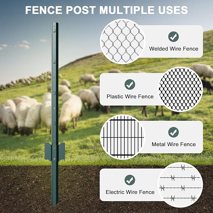 10 Pack Metal Fence Post, 7 Feet Heavy Duty Garden with U-Post, No Dig Garden Fence Stakes for Temporary Fencing, Corner Anchor