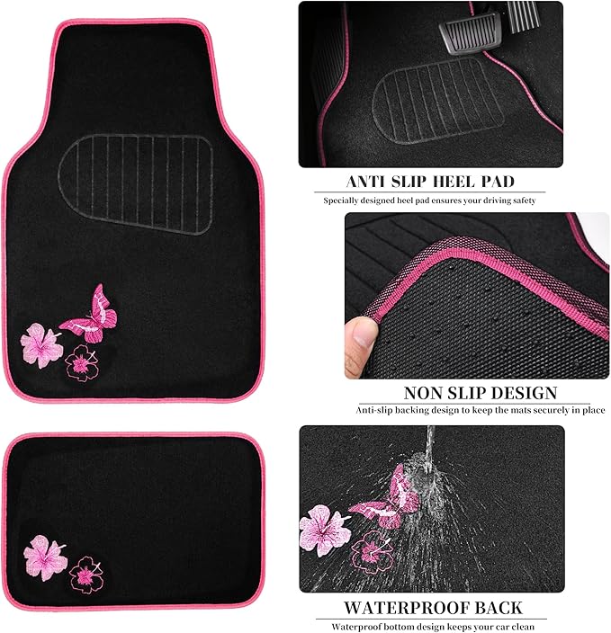 CAR PASS Embroidery Butterfly Steering Wheel Cover and Waterproof Car Floor Mats,Pink Car Mats 14.5-15inch Steering Wheel Covers Universal Fit for Cars, Suvs,Sedans,Van,for Women Girl(Black and Pink)