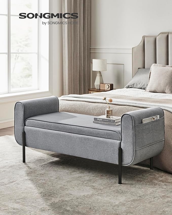SONGMICS Storage Bench with Armrests, Ottoman for Living Room, Bedroom, Entryway, Steel Legs, Light Gray ULOM072G02