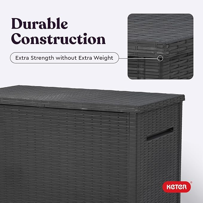 Keter Java XXL 230 Gallon Resin Rattan Look Large Outdoor Storage Deck Box for Patio Furniture Cushions, Pool Toys, and Garden Tools, Dark Grey