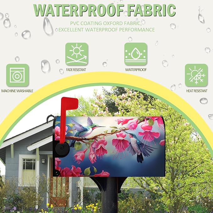 Summer Mailbox Covers Magnetic Hummingbird Flower Mailbox Post Cover Fuchsia Hybrida Floral Mail Box Wraps Bird Pink Flowers Decor Waterproof Garden Yard Standard Size 21x18 Inch