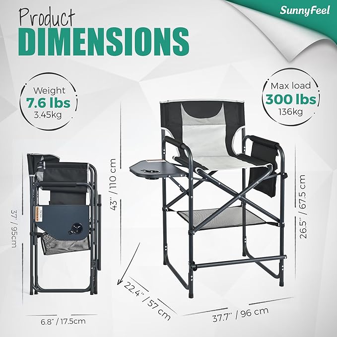 SUNNYFEEL Tall Camping Directors Chair, Portable Folding Artist Makeup Chair with Side Table, Pocket, Footrest, Heavy Duty for Beach,Trip,Picnic,Concert Outdoor Foldable Camp Lawn Chairs