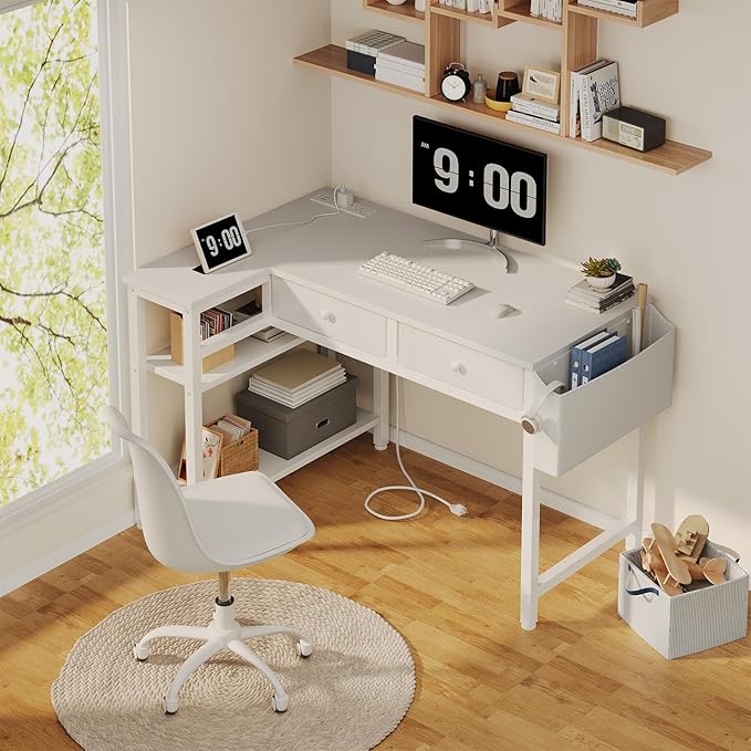 DLisiting Small White L Shaped Desk with Drawers & Storage Shelves, 40 Inch Corner Desk with Power Outlet for Small Space Home Office, Study Work PC Desks for Bedroom