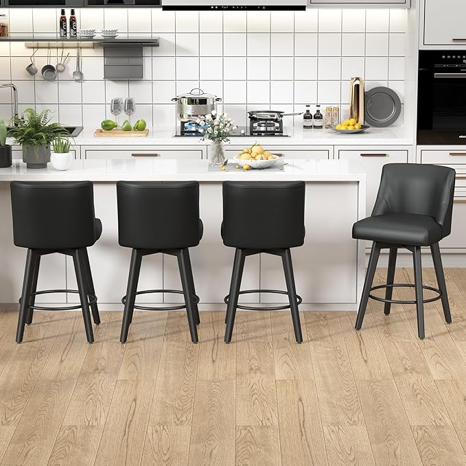 Counter Height Swivel Bar Stools Set of 2, 26 Inch Bar Stools with Footrest, Faux Leather Upholstered Barstools with Back and Solid Wood Legs for Kitchen Island, Dining Room,Pub,Black